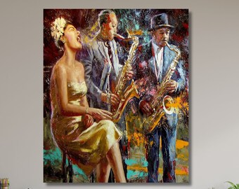 Abstract Jazz Music Canvas,Jazz Music Group,Jazz Singer Wall Art,Pub Wall Decor,Music Room Wall Decor,Gift for Music Fans,Modern Art-276
