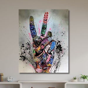 Banksy Victory Sign Graffiti Wall Decor, Hand Gesture Poster,Banksy Wall Art,Victory Graffiti,Canvas Wall Art,Graffiti Art,Gift for Home-407