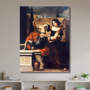 May include: A painting depicting a woman helping a man who is lying on a stone platform. The woman is wearing a long, dark dress and a crown. The man is wearing a red and blue robe. The painting is set against a backdrop of a city.