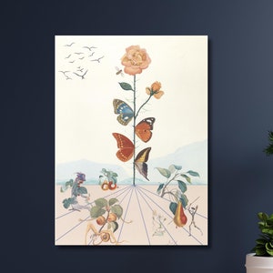 Mariposa rosa de Salvador Dalí, lienzo de mariposa, arte de exposición de Dalí, póster de rosa, regalo de Navidad, decoración de sala de estar, decoración del hogar, arte floral-801