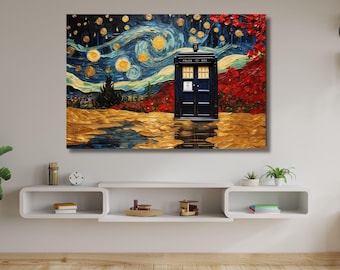May include: A rectangular canvas wall art print featuring a dark blue police box standing in a landscape with a swirling starry night sky, golden ground, and red foliage. The scene combines elements of a classic night sky with a blue telephone booth.