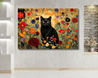 グスタフ・クリムト 黒猫キャンバス、猫好きの方へのギフト、室内装飾