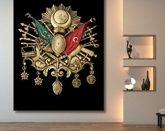 May include: A wall art print featuring the Ottoman Empire coat of arms in gold, green, and red against a black background. The emblem includes a central oval shield, crossed flags, a crescent moon, star medallions, and various military weapons.