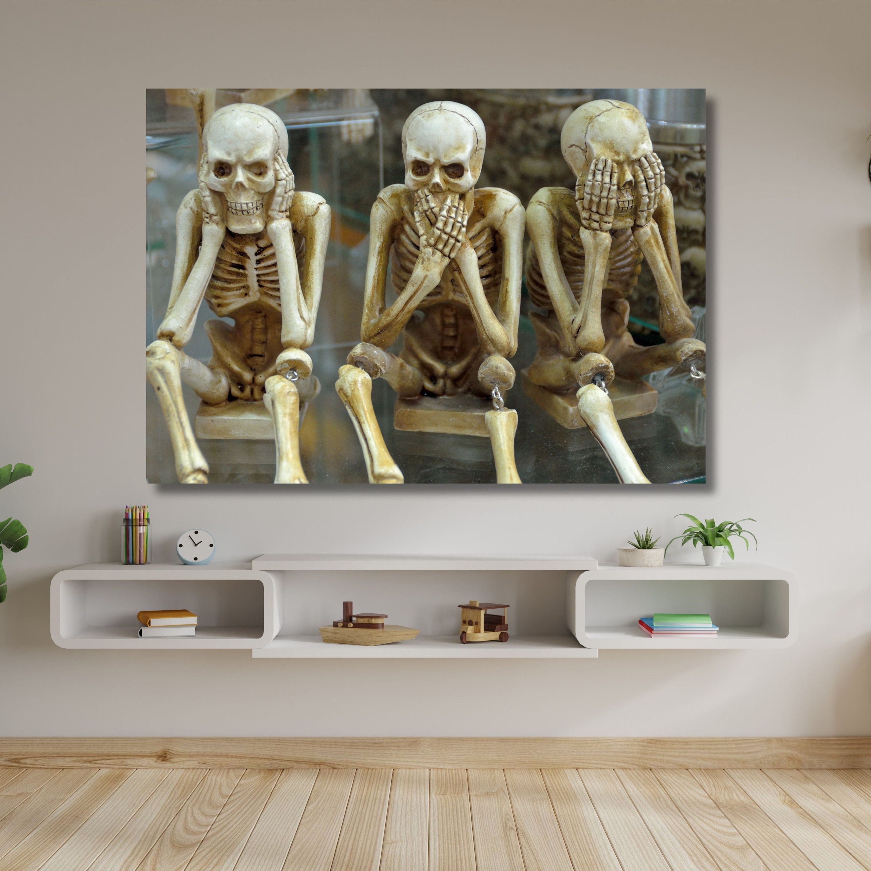 Three Wise Skeletons Canvas Wall Art,skeleton Poster,evil Wisdom