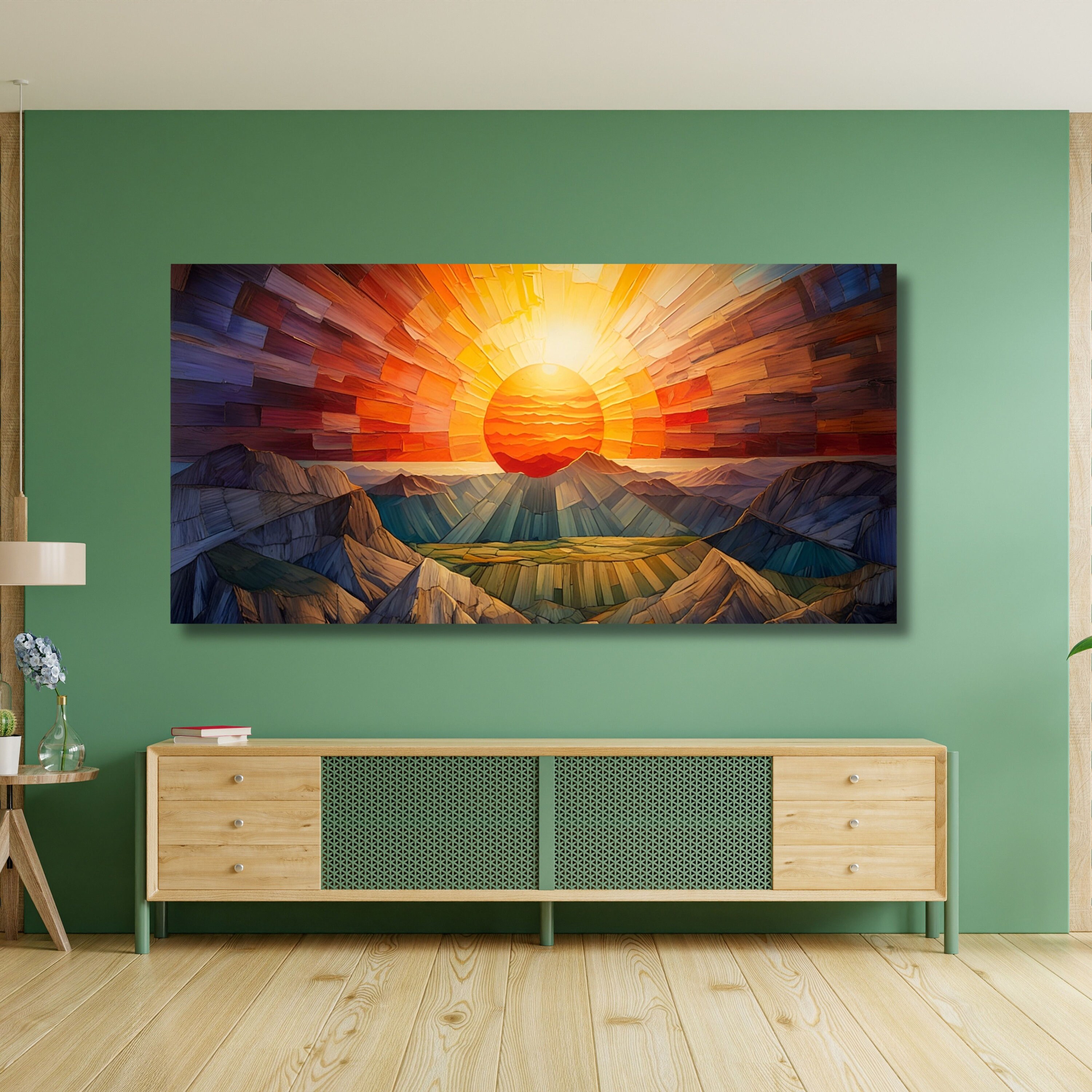 太陽がいっぱい 水彩画 木製フレーム Panoramic Wooden Sunrise Canvas Wall Art,rising Sun,setting Sun