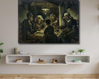 May include: A rectangular wall art print depicting Vincent van Gogh's The Potato Eaters, showing five figures in dark clothing gathered around a small table under a hanging lamp, eating potatoes in a dimly lit, rustic interior setting.