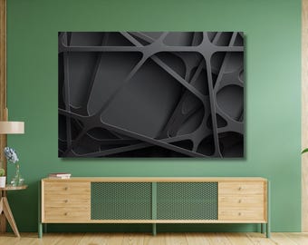 May include: A rectangular wall art piece featuring a dark gray and black abstract design composed of overlapping, interconnected geometric lines and organic shapes that create a layered, three-dimensional effect across the entire surface.