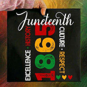 Peut inclure: Toile noire avec le mot "Juneteenth" en écriture blanche. Le chiffre "1865" est en rouge, jaune et vert. Les mots "Excellence, History, Culture, Respect" sont également sur la toile.