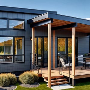 May include: A modern, gray, single-story house with a large covered deck. The deck has a black metal railing and a wooden floor. There are chairs and a table on the deck. The house has large windows and a black roof.