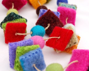 felted wool garland festive squares beads recycled upcycled green