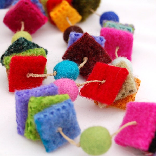 felted wool garland festive squares beads recycled upcycled green