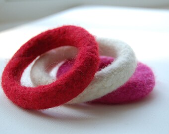 three felted wool bangle bracelets red ivory fuchsia