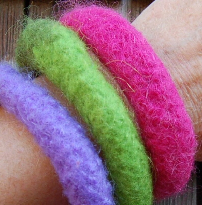 Felted wool bangle bracelets set of three brights lime fuchsia Etsy