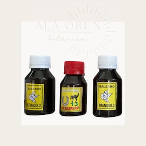 May include: Three small glass bottles with yellow labels and black text. The labels read "Balsamo Tranquilo", "Balsamo Desespero", and "Balsamo Tranquilo". Each bottle has a different image on the label.