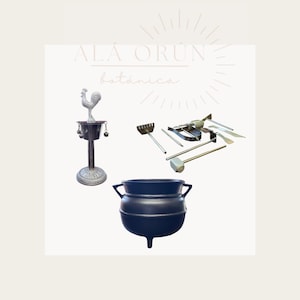 May include: A black cast iron cauldron with two handles, a silver rooster statue on a stand, and a set of silver tools, including a rake, a pair of tongs, a small shovel, and a spatula. The image has the text "ALÁ ORÚN botánica" at the top.