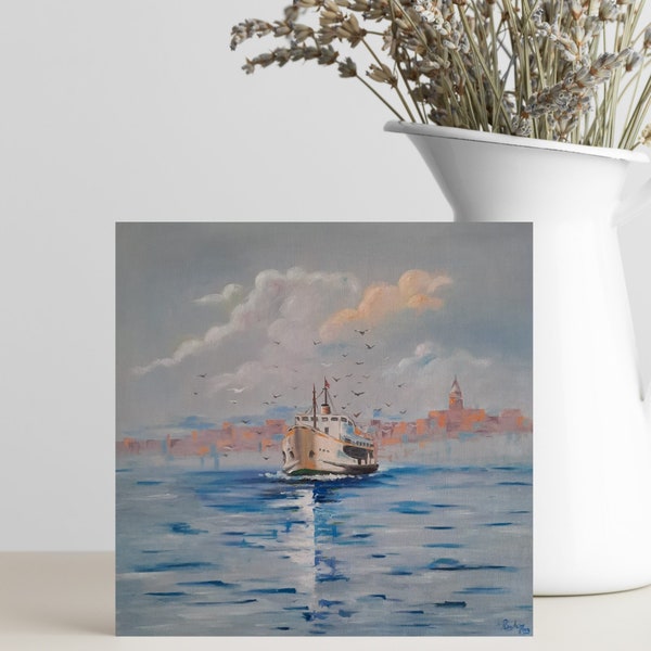 Oil Painting Ferry and Seagulls ,Wall Art, Turkish Artwork Home Decor, Oil Painting on Canvas, Beautiful View Landscape Oil Painting