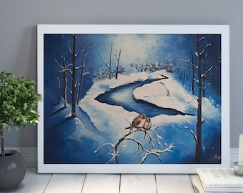Ölgemälde „Spatzen im Schnee“, Wandkunst, Heimdekoration, Ölgemälde auf Leinwand, wunderschönes Landschaftsölgemälde