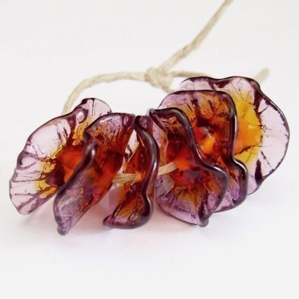 Original Fairy Flowers lampwork glass floral disc beads - Amber Rose