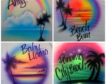 Airbrushed airbrush custom beach t shirt t-shirt beach scene beachy palm trees palms ocean air brush