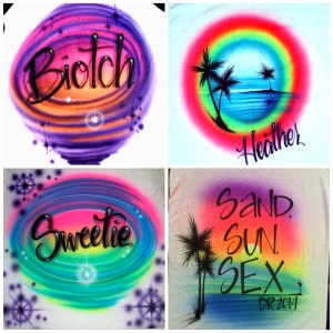 May include: Four different airbrushed designs on white t-shirts. The designs include a rainbow with palm trees and the name "Heather", a swirl with the word "Sweetie", a swirl with the word "Biotch", and a sunset with palm trees and the words "Sand Sun Sex DR 2014".