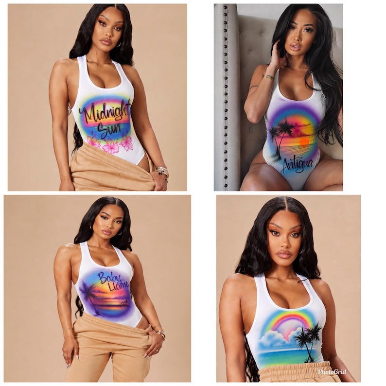 May include: A collection of four white sleeveless bodysuits featuring airbrushed graphic designs. The prints include tropical sunset scenes with palm trees, rainbows, and text reading Midnight Sun, Antigua, and Baby Llama in colorful script fonts.