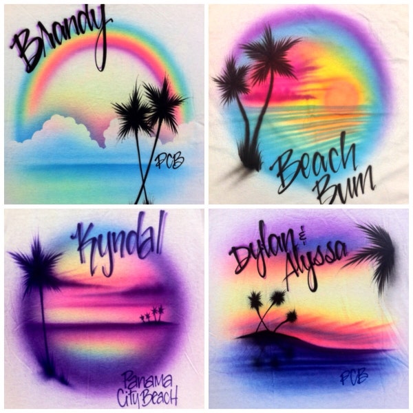 Airbrushed airbrush custom beach t shirt t-shirt beach scene beachy palm trees palms ocean air brush