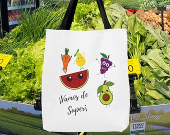 Bolsa para comestibles personalizada, Bolsa personalizada con tu nombre, Bolsa animada con frutas y verduras, Bolsa de compras reutilizable