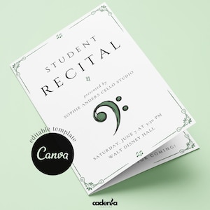 May include: A white folded card featuring the text Student Recital presented by Sophie Anders Cello Studio, Saturday, June 7 at 3:30 PM, Walt Disney Hall. The design includes a green bass clef, musical notes, and a decorative border.