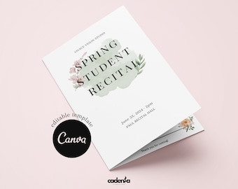 Spring recital program template canva | Editable templates for music teachers | Printable recital program | piano, violin, cello, voice