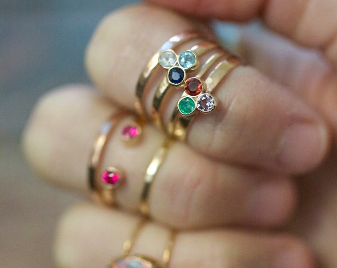 Solid Gold Honeycomb Ring, precious gemstone 14k gold birthstone tri gem 3 stone stacking ring triangle modern trending mommy jewelry mom