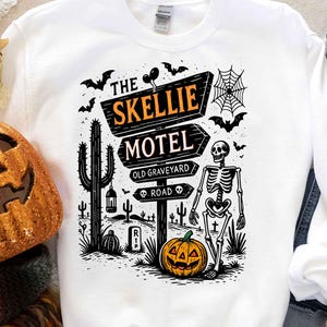Skellie Motel Funny Halloween PNG Funny Skeleton Halloween Fall Png Halloween Humor Vintage design Png Trendy Halloween shirt Png