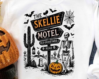 Skellie Motel Funny Halloween PNG Funny Skeleton Halloween Fall Png Halloween Humor Vintage design Png Trendy Halloween shirt Png