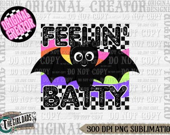 Feelin' Batty Retro Checkered Bat PNG - Halloween Png - Retro Halloween PNG Halloween Shirt Design, Bat PNG, Trendy Halloween png