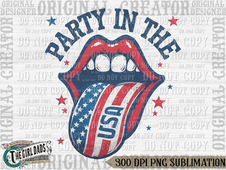 K&ouml;nnte beinhalten: Ein rot-wei&szlig;-blaues amerikanisches Flaggen-Design mit den Worten "Party in the USA" auf wei&szlig;em Hintergrund. Die Flagge hat die Form einer Zunge, die aus einem Mund herausragt.