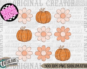 Boho Flowers and Pumpkins Distressed, Boho Flowers Pumpkins Png, Retro Halloween png, Spooky Vibes, Spooky Season png, Pumpkin Distressed