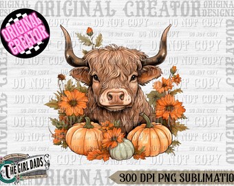 Pumpkin Sunflower Highland Cow - Highland Cow Png Sublimation Design Download, Fall Highland Cow Png Design, Hedgehog Png, Autumn Scene Png
