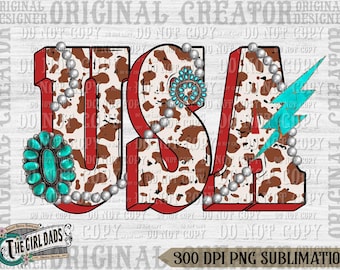 Cowprint Usa Turquoise, July 4th USA Png, 4th of July PNG, Cowprint Usa, Turquoise Png, Western Mama Png, Coquette Mama Png, Cowhide