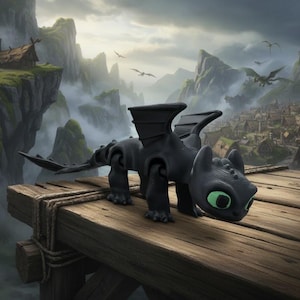 May include: A black dragon toy with articulated limbs and green eyes, perched on a wooden structure. The dragon has large wings and a detailed, stylized design. The background features a fantasy landscape with mountains and a village.