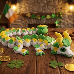 3D-utskriven ledad lyckodrake - St. Patrick's Day Shamrock & Kruka med gulddrake - 23 tums stor flexibel fidgetleksak