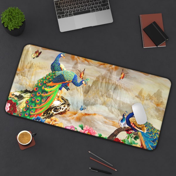 Desk Mat Aesthetic Mousepad Cute Peacock Kawaii Green Deskmat, Matching Desk Accessories Kawaii Deskpad, Keyboard Wrist Rest