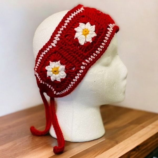 crochet flower headband for women，fashion hairband,Headbands for women，vintage headband, red headband, granny square headband, boho headband