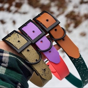 May include: Four dog collars in different colors and patterns. The collars are made of a durable material and have a black buckle. The collars are in the following colors: green, orange, purple, and brown.