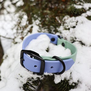May include: A lavender and green dog collar with a black buckle and a metal D-ring. The collar is made of a soft, durable material and is perfect for everyday wear.