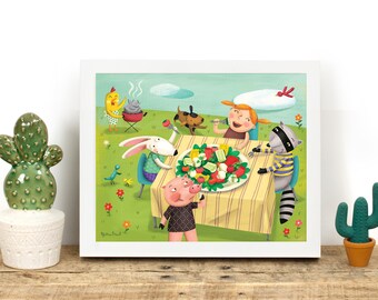 Impresión de parrilla vegetariana, impresión vegana, habitación vegana para niños, arte infantil, decoración de la habitación para niños, descargable, imprimible, descarga digital, impresión animal