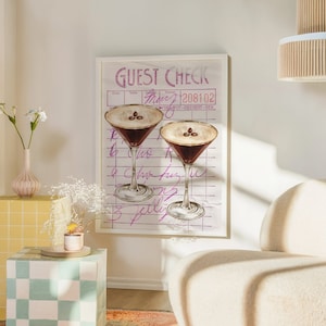 Espresso Martini Guest Check Poster Print | Trendy Wall Art for Apartment, Bart Cart Accessories, Y2K Room Dopamine Decor | Unframed