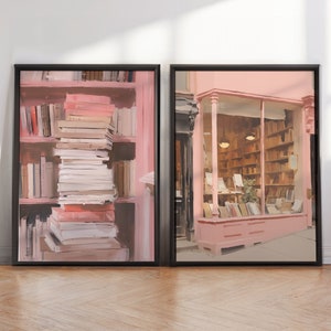 Books and Library Painting Set of 2 Book Lover Prints | Bookworm Printable Pastel Wall Art for Aesthetic Apartment