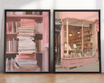Book Lover Pastel Art Print Set | Pink Library Painting (Digital Download)