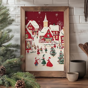 Christmas Town Snowy Village Scene Wall Art Print | Winter Wonderland Watercolor Christmas Printables, Digital Download