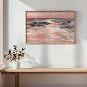 Beachy Wall Art Pink Ocean Inspired Landscape Painting | Printable Coastal Decor | Girly Pastel Beachy Prints for Above Bed Apartment Room