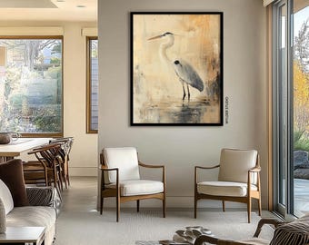 Large Heron Framed Art Print | Coastal Wetland Bird Oil Painting